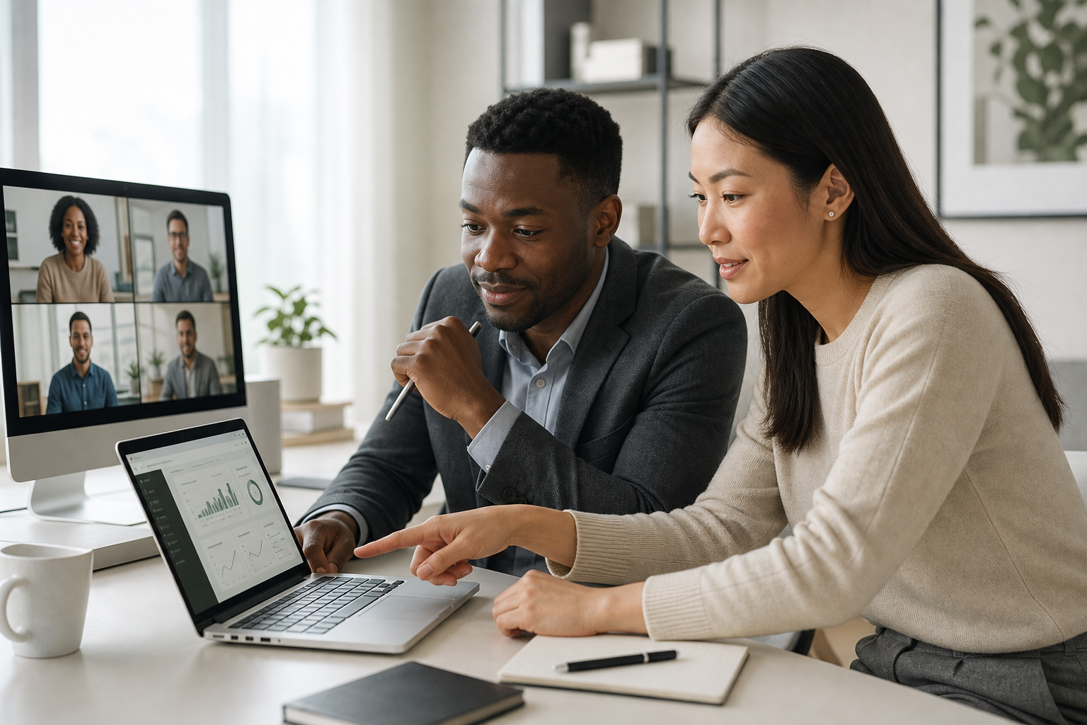 Black and Asian professionals working at computers for online business support